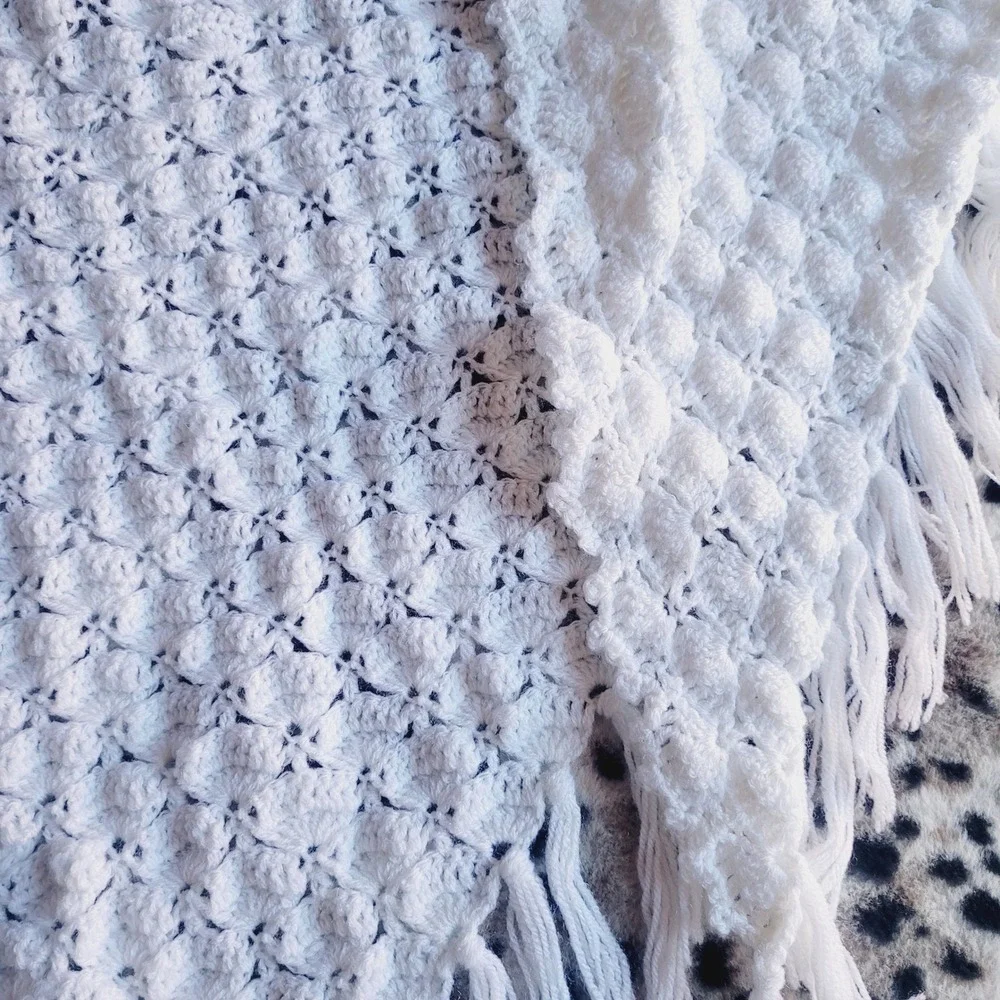 Handmade White Crochet Popcorn Stitch Triangle Fringe Shawl Wrap Boho Vintage